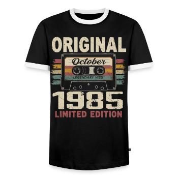 Born in October 1985 | Vintage Gift October 1985 - Men's Ringer Shirt - black/white - Front - AI Model Female 172 light (172cm) & AI Model Male 178 light (178cm)