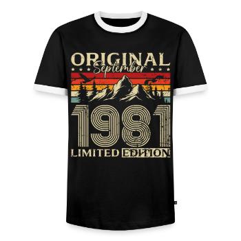 44th Birthday Vintage September Vintage 1981 - Men's Ringer Shirt - black/white - Front - AI Model Female 172 light (172cm) & AI Model Male 178 light (178cm)
