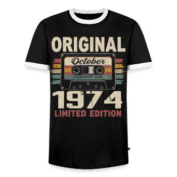 Born in October 1974 | Vintage Gift October 1974 - Men's Ringer Shirt - black/white - Front - AI Model Female 172 light (172cm) & AI Model Male 178 light (178cm)