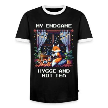 Fin de partie : Hygge et thé chaud - T-shirt contrasté Homme - noir/blanc - Devant - AI Model Female 172 light (172cm) & AI Model Male 178 light (178cm)