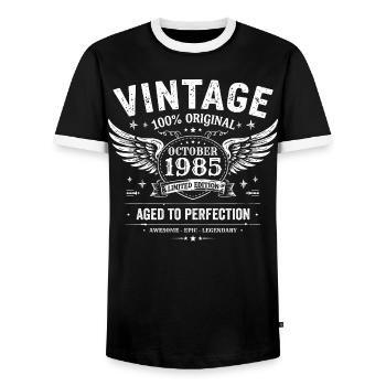 October 1985 | October 1985 Birthday Gift - Men's Ringer Shirt - black/white - Front - AI Model Female 172 light (172cm) & AI Model Male 178 light (178cm)
