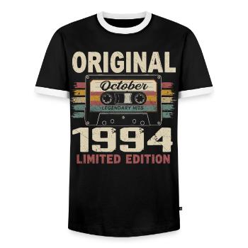 Born in October 1994 | Vintage Gift October 1994 - Men's Ringer Shirt - black/white - Front - AI Model Female 172 light (172cm) & AI Model Male 178 light (178cm)