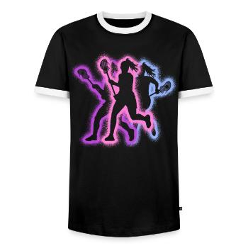 Lacrosse Player Typography Women's Lacrosse - Men's Ringer Shirt - black/white - Front - AI Model Female 172 light (172cm) & AI Model Male 178 light (178cm)
