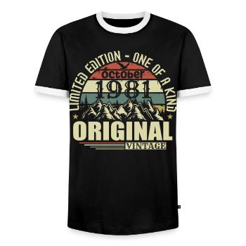 Octobre 1981 - Cadeau 44ème anniversaire Octobre - T-shirt contrasté Homme - noir/blanc - Devant - AI Model Female 172 light (172cm) & AI Model Male 178 light (178cm)