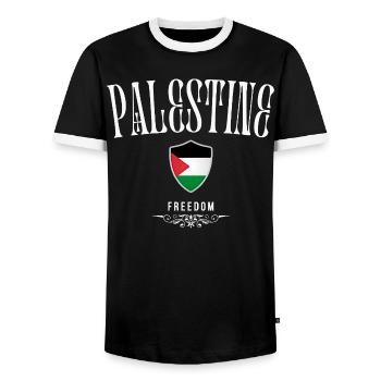 Palestine, minimalist elegant design - Men's Ringer Shirt - black/white - Front - AI Model Female 172 light (172cm) & AI Model Male 178 light (178cm)