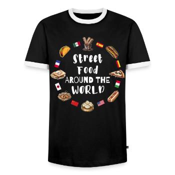 La cuisine de rue dans le monde - T-shirt contrasté Homme - noir/blanc - Devant - AI Model Female 172 light (172cm) & AI Model Male 178 light (178cm)