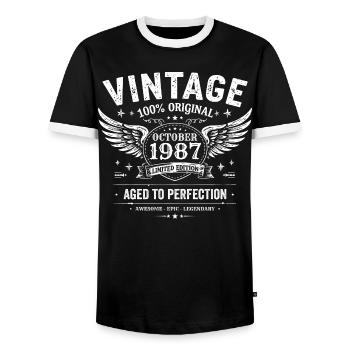 October 1987 | October 1987 Birthday Gift - Men's Ringer Shirt - black/white - Front - AI Model Female 172 light (172cm) & AI Model Male 178 light (178cm)