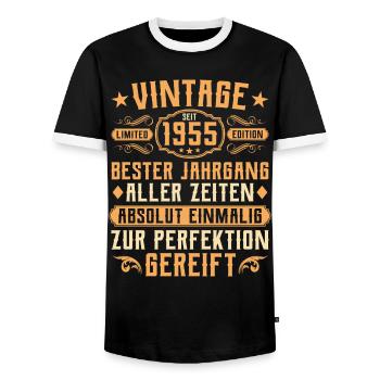 Millésime 1955 Année de naissance - 70e anniversaire - T-shirt contrasté Homme - noir/blanc - Devant - AI Model Female 172 light (172cm) & AI Model Male 178 light (178cm)