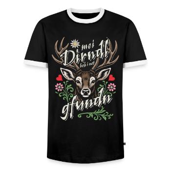 Mei Dirndl hob i net gfundn, Dirndl Ersatz, Tracht - Men's Ringer Shirt - black/white - Front - AI Model Female 172 light (172cm) & AI Model Male 178 light (178cm)