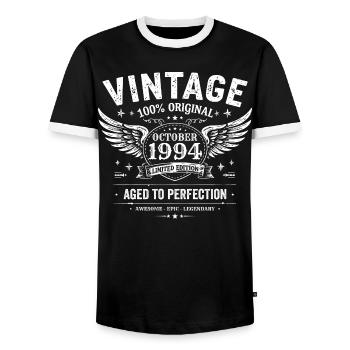 October 1994 | October 1994 Birthday Gift - Men's Ringer Shirt - black/white - Front - AI Model Female 172 light (172cm) & AI Model Male 178 light (178cm)