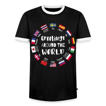 Grüße aus aller Welt, Hallo in allen Sprachen - Männer Kontrast-T-Shirt - Schwarz/Weiß - Vorne - AI Model Female 172 light (172cm) & AI Model Male 178 light (178cm)