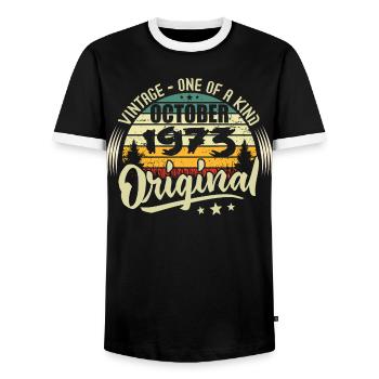 Cadeau Anniversaire Octobre 1973 - T-shirt contrasté Homme - noir/blanc - Devant - AI Model Female 172 light (172cm) & AI Model Male 178 light (178cm)