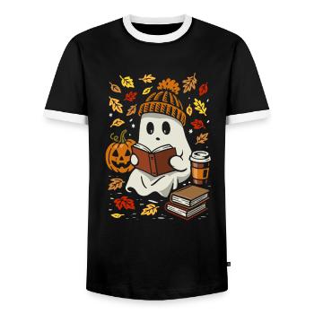 Fantôme avec livre et café - Costume d'Halloween - T-shirt contrasté Homme - noir/blanc - Devant - AI Model Female 172 light (172cm) & AI Model Male 178 light (178cm)