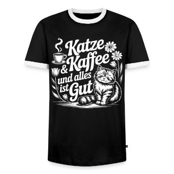 Katz und Kaffee Motiv für Katzenliebhaber - Männer Kontrast-T-Shirt - Schwarz/Weiß - Vorne - AI Model Female 172 light (172cm) & AI Model Male 178 light (178cm)