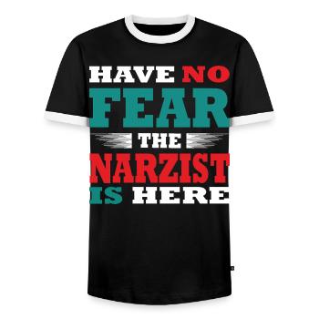 Have no Fear the Narzist is here Outfit - Men's Ringer Shirt - black/white - Front - AI Model Female 172 light (172cm) & AI Model Male 178 light (178cm)