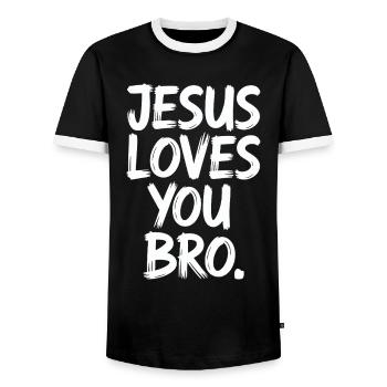 Jesus Loves You Brother Inspirational Message - Men's Ringer Shirt - black/white - Front - AI Model Female 172 light (172cm) & AI Model Male 178 light (178cm)