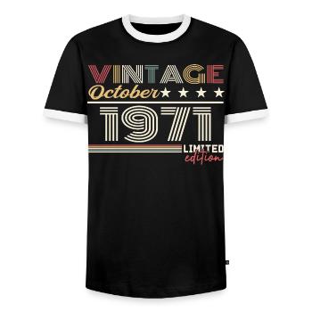 Octobre 1971 rétro anniversaire 1971 Octobre 1971  - T-shirt contrasté Homme - noir/blanc - Devant - AI Model Female 172 light (172cm) & AI Model Male 178 light (178cm)