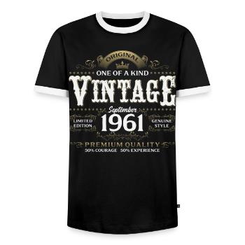 64e anniversaire Millésime Septembre Année de naissance 1961 - T-shirt contrasté Homme - noir/blanc - Devant - AI Model Female 172 light (172cm) & AI Model Male 178 light (178cm)