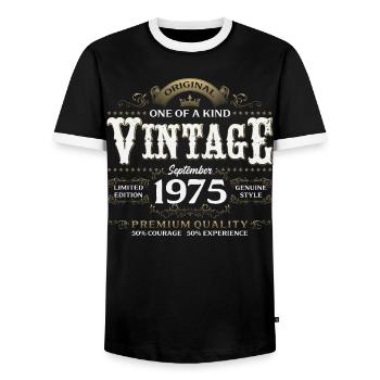 50e anniversaire Millésime Septembre Année 1975 - T-shirt contrasté Homme - noir/blanc - Devant - AI Model Female 172 light (172cm) & AI Model Male 178 light (178cm)