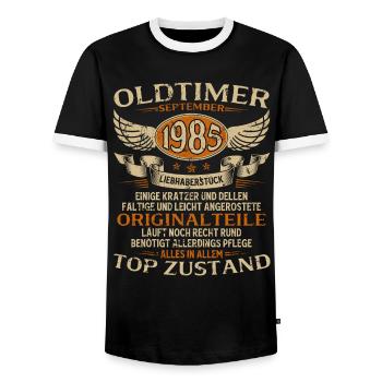 40th Birthday Gift Classic Car September 1985 - Men's Ringer Shirt - black/white - Front - AI Model Female 172 light (172cm) & AI Model Male 178 light (178cm)