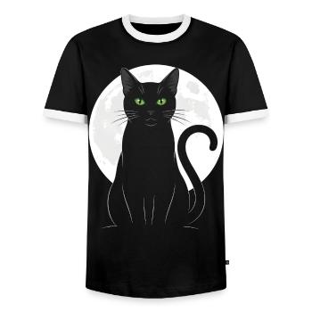 Schwarze Katze Vollmond mystisch für Katzenfans - Männer Kontrast-T-Shirt - Schwarz/Weiß - Vorne - AI Model Female 172 light (172cm) & AI Model Male 178 light (178cm)