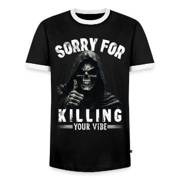 Sensenmann Spruch sorry for killing your vibe Tod - Männer Kontrast-T-Shirt - Schwarz/Weiß - Vorne - AI Model Female 172 light (172cm) & AI Model Male 178 light (178cm)