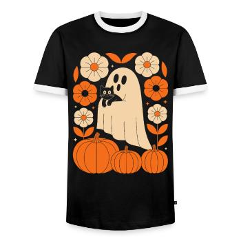 Geist Kürbis Katze Vintage Blumen Halloween Herbst - Männer Kontrast-T-Shirt - Schwarz/Weiß - Vorne - AI Model Female 172 light (172cm) & AI Model Male 178 light (178cm)