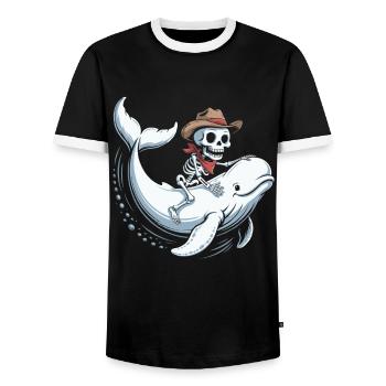 Skull Cowboy on Beluga Whale - Men's Ringer Shirt - black/white - Front - AI Model Female 172 light (172cm) & AI Model Male 178 light (178cm)