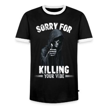 Sorry for killing your vibe Totenkopf Sensenmann - Männer Kontrast-T-Shirt - Schwarz/Weiß - Vorne - AI Model Female 172 light (172cm) & AI Model Male 178 light (178cm)