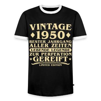 Millésime 1950 Millésime Né 75 ans - T-shirt contrasté Homme - noir/blanc - Devant - AI Model Female 172 light (172cm) & AI Model Male 178 light (178cm)