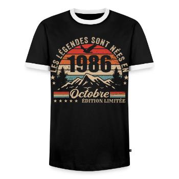 October 1986 Birthday Gift 1986 October 1986 - Men's Ringer Shirt - black/white - Front - AI Model Female 172 light (172cm) & AI Model Male 178 light (178cm)