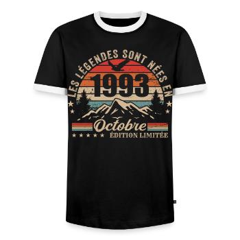 October 1993 Birthday Gift 1993 October 1993 - Men's Ringer Shirt - black/white - Front - AI Model Female 172 light (172cm) & AI Model Male 178 light (178cm)
