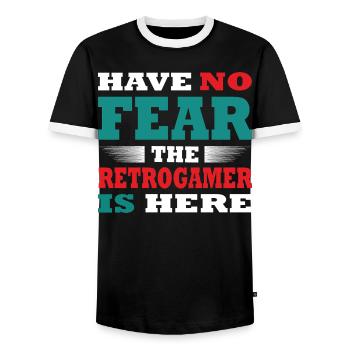 Have no Fear the Retrogamer is here Outfit - Men's Ringer Shirt - black/white - Front - AI Model Female 172 light (172cm) & AI Model Male 178 light (178cm)