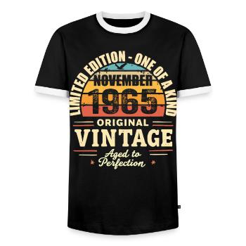 November 1965 Bestes Geschenk 1965 - November 1965 - Männer Kontrast-T-Shirt - Schwarz/Weiß - Vorne - AI Model Female 172 light (172cm) & AI Model Male 178 light (178cm)