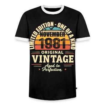 November 1981 Bestes Geschenk 1981 - November 1981 - Männer Kontrast-T-Shirt - Schwarz/Weiß - Vorne - AI Model Female 172 light (172cm) & AI Model Male 178 light (178cm)
