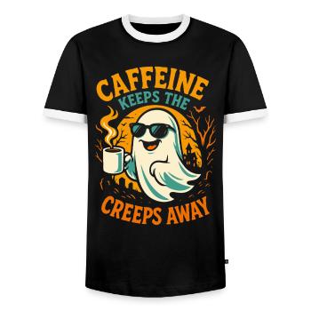 Caffeine Keeps The Creeps Away Ghost Halloween - Men's Ringer Shirt - black/white - Front - AI Model Female 172 light (172cm) & AI Model Male 178 light (178cm)