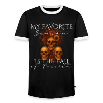 My Favorite Season Fall of Fascism Design - Men's Ringer Shirt - black/white - Front - AI Model Female 172 light (172cm) & AI Model Male 178 light (178cm)