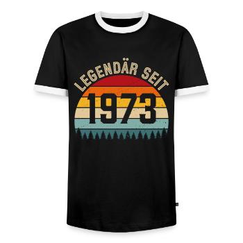 Legendary since 1973 – Born in 1973 - Men's Ringer Shirt - black/white - Front - AI Model Female 172 light (172cm) & AI Model Male 178 light (178cm)