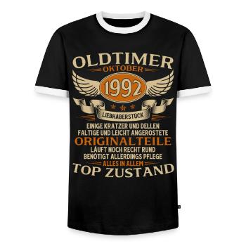 33. Geburtstag Geschenk Oldtimer Oktober 1992 - Männer Kontrast-T-Shirt - Schwarz/Weiß - Vorne - AI Model Female 172 light (172cm) & AI Model Male 178 light (178cm)
