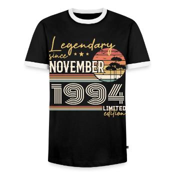 Jahrgang November 1994 Retro November 1994 - Männer Kontrast-T-Shirt - Schwarz/Weiß - Vorne - AI Model Female 172 light (172cm) & AI Model Male 178 light (178cm)