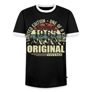 Anniversaire novembre 1965 - T-shirt contrasté Homme - noir/blanc - Devant - AI Model Female 172 light (172cm) & AI Model Male 178 light (178cm)