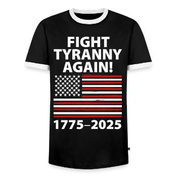 Fight Tyranny Again 1775–2025 Flag Design - Men's Ringer Shirt - black/white - Front - AI Model Female 172 light (172cm) & AI Model Male 178 light (178cm)
