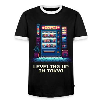 Level Up in Tokio | Japan Reise Otaku - Männer Kontrast-T-Shirt - Schwarz/Weiß - Vorne - AI Model Female 172 light (172cm) & AI Model Male 178 light (178cm)