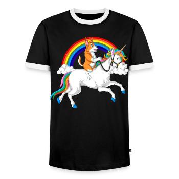 Corgi Riding Unicorn - Men's Ringer Shirt - black/white - Front - AI Model Female 172 light (172cm) & AI Model Male 178 light (178cm)