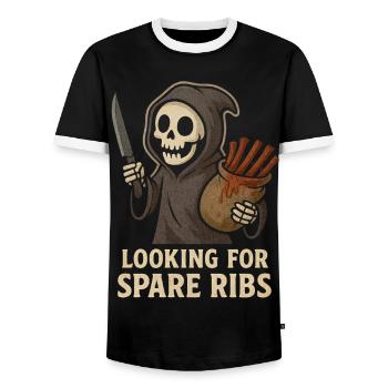 Halloween Skelett looking for Spare Ribs Shirt Fun - Männer Kontrast-T-Shirt - Schwarz/Weiß - Vorne - AI Model Female 172 light (172cm) & AI Model Male 178 light (178cm)