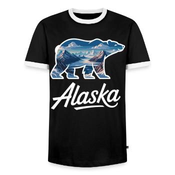 Outdoor Shirt with Alaskan Landscape in Bear Motif - Men's Ringer Shirt - black/white - Front - AI Model Female 172 light (172cm) & AI Model Male 178 light (178cm)