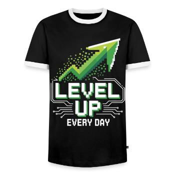 Level Up Every Day - Chemise de motivation pour les joueurs - T-shirt contrasté Homme - noir/blanc - Devant - AI Model Female 172 light (172cm) & AI Model Male 178 light (178cm)