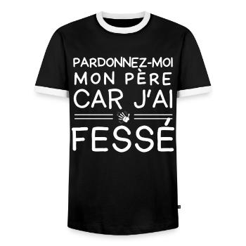 Sorry my father because I spanked - Humor beauf - Men's Ringer Shirt - black/white - Front - AI Model Female 172 light (172cm) & AI Model Male 178 light (178cm)
