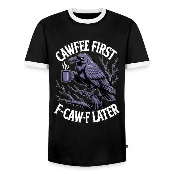 Kaffee zuerst: Krähe mit Becher - Männer Kontrast-T-Shirt - Schwarz/Weiß - Vorne - AI Model Female 172 light (172cm) & AI Model Male 178 light (178cm)