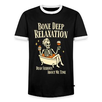Bone Deep Relaxation – Fun Skeleton Wellness - Men's Ringer Shirt - black/white - Front - AI Model Female 172 light (172cm) & AI Model Male 178 light (178cm)